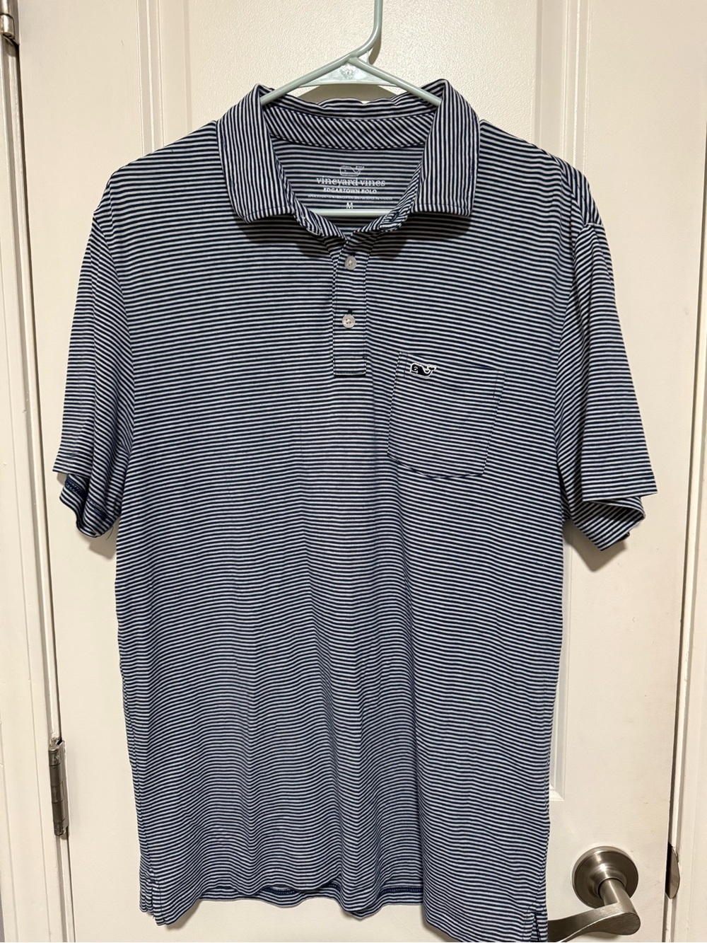 Vineyard Vines Navy and White Thin-Stripe Polo with Chest Pocket